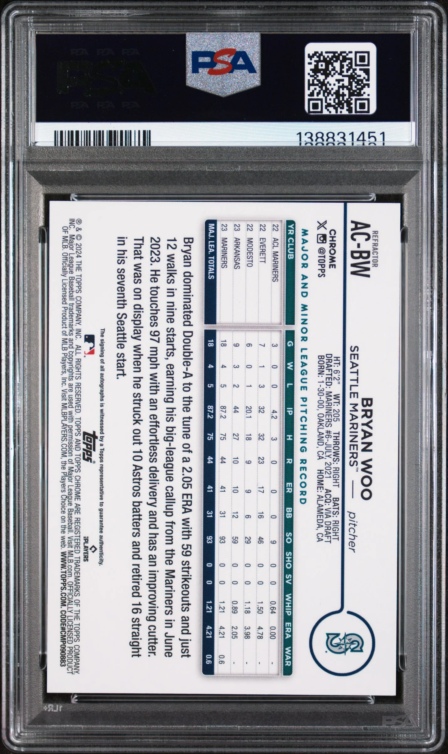 2024 Topps Chrome Update Autographs Refractor Bryan Woo #AC-BW /499 PSA 10 - Image 2