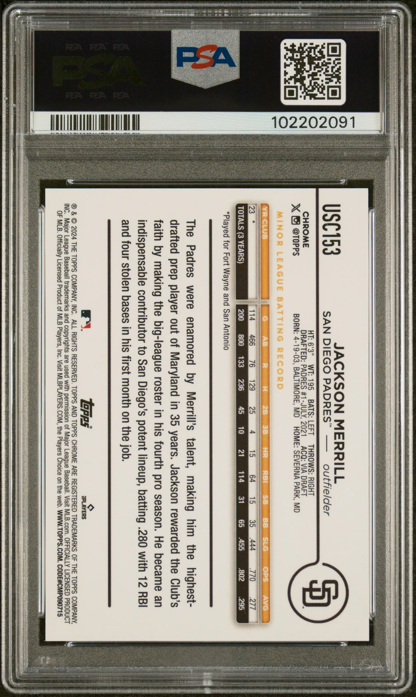 2024 Topps Chrome Update Black RayWave Jackson Merrill #USC153 RC /10 PSA 10 - Image 2