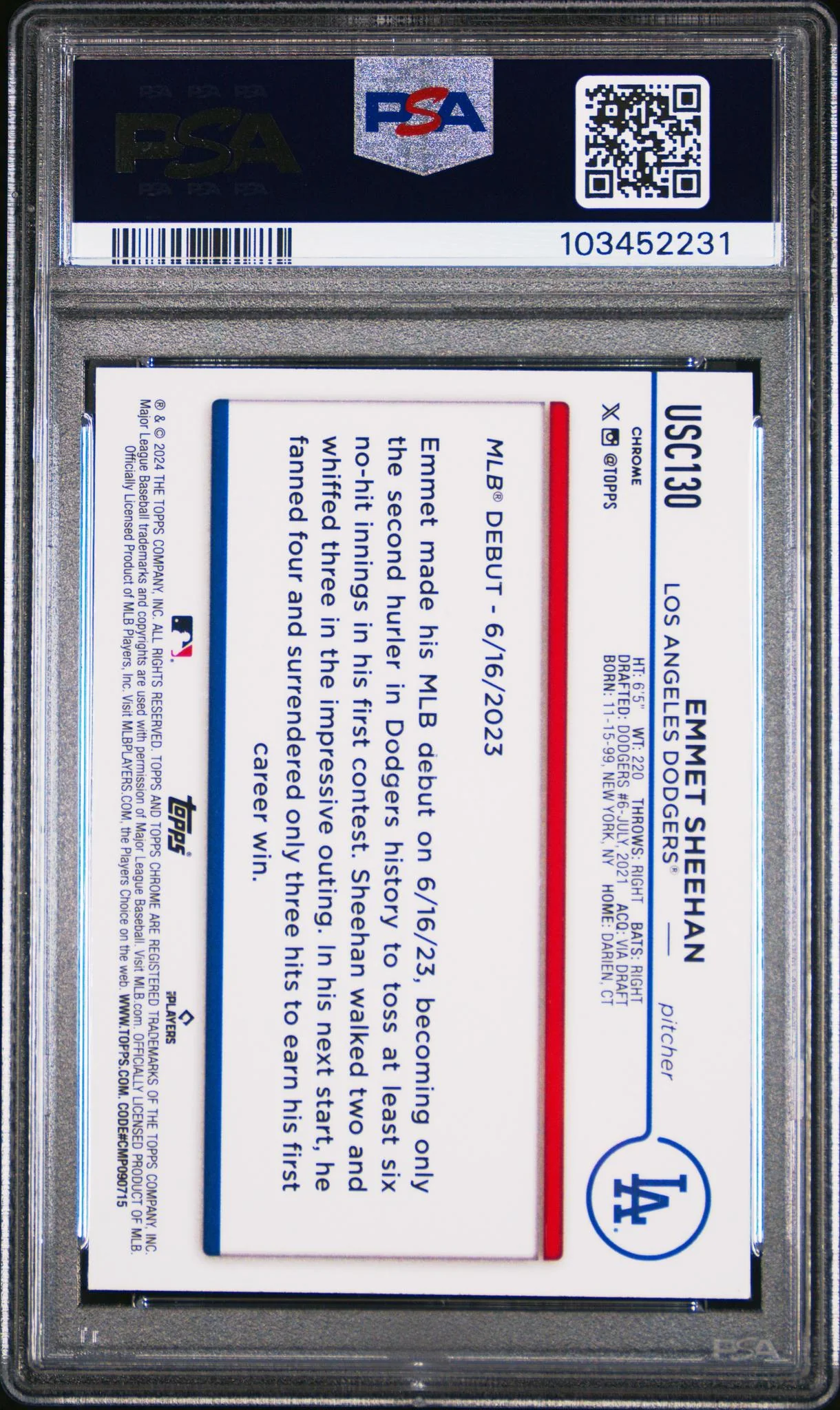 2024 Topps Chrome Update Blue RayWave Emmet Sheehan #USC130 RC /150 PSA 9 - Image 2