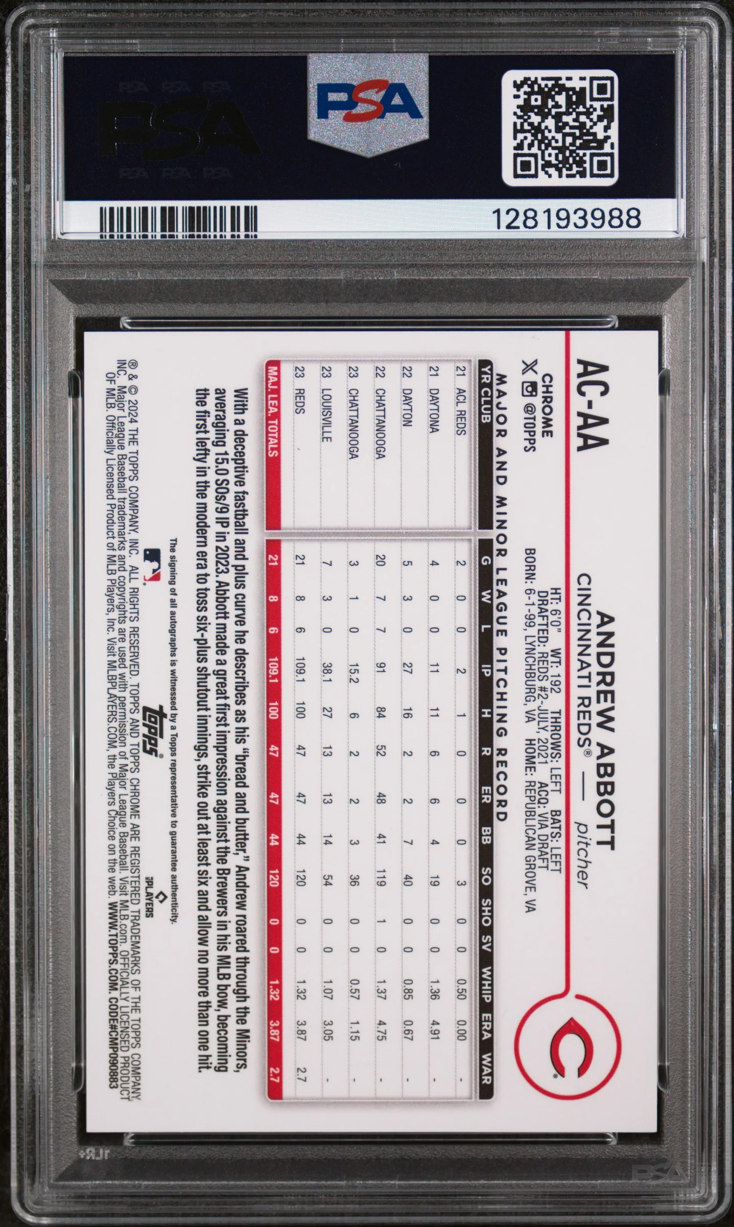 2024 Topps Chrome Update Chrome Baseball Update Series Autographs Autograph-Gold Refractor Andrew Abbott #ACAA /50 PSA 9 - Image 2