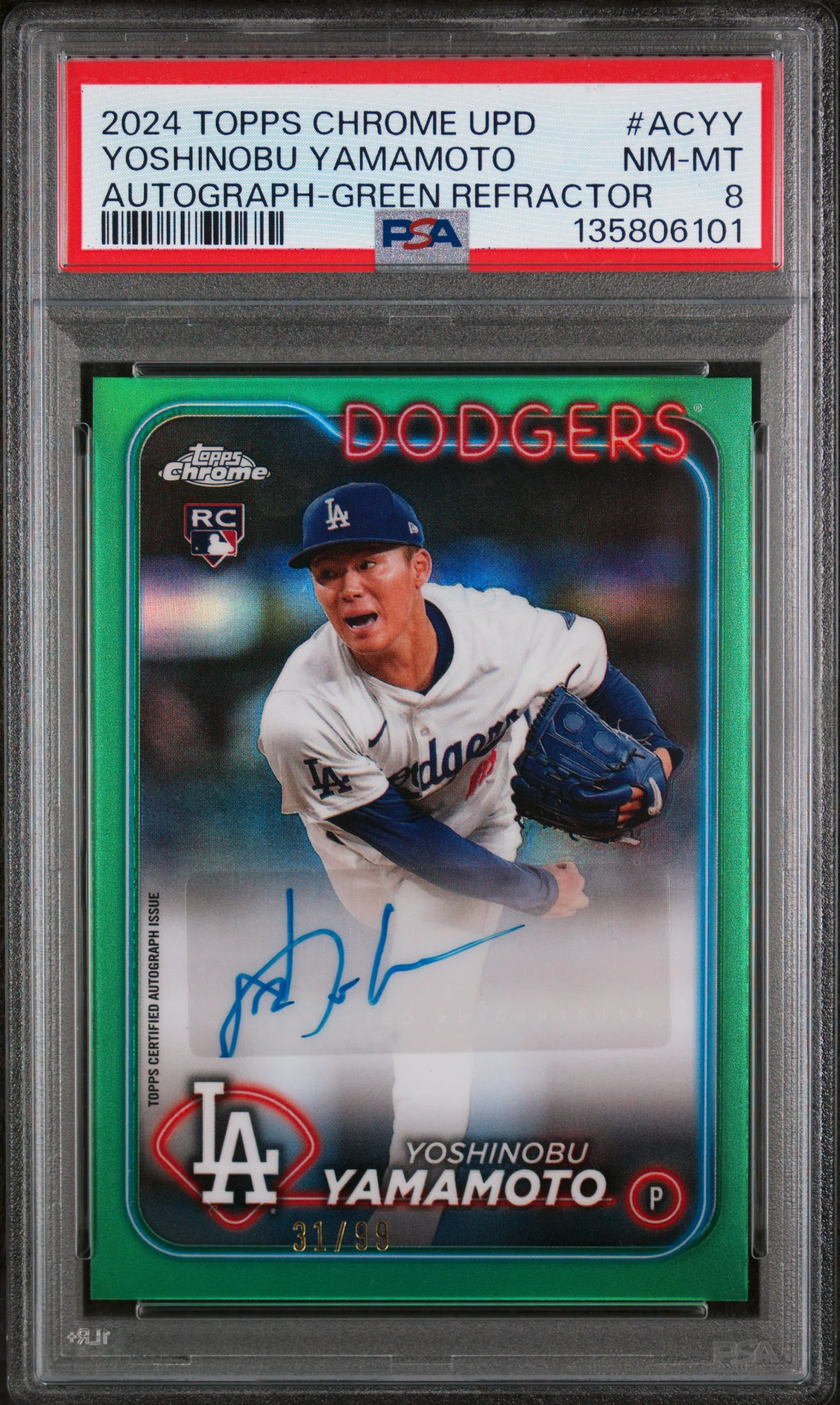 2024 Topps Chrome Update Chrome Baseball Update Series Autographs Autograph-Green Refractor Yoshinobu Yamamoto #ACYY /99 PSA 8