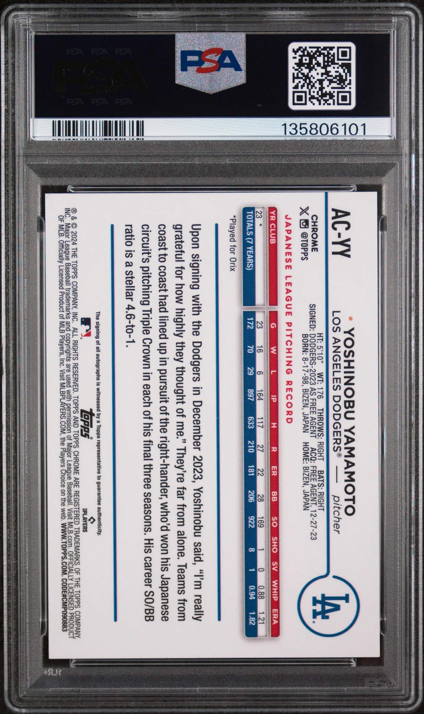 2024 Topps Chrome Update Chrome Baseball Update Series Autographs Autograph-Green Refractor Yoshinobu Yamamoto #ACYY /99 PSA 8 - Image 2