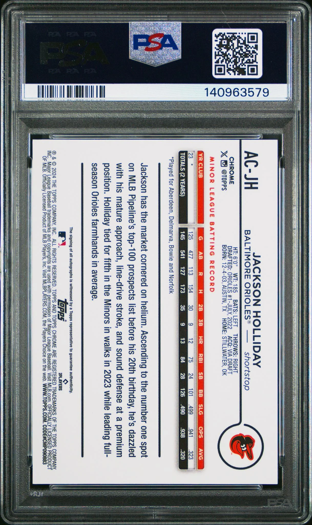 2024 Topps Chrome Update Chrome Baseball Update Series Autographs Orange Wave Jackson Holliday #ACJH /215 PSA 10 - Image 2