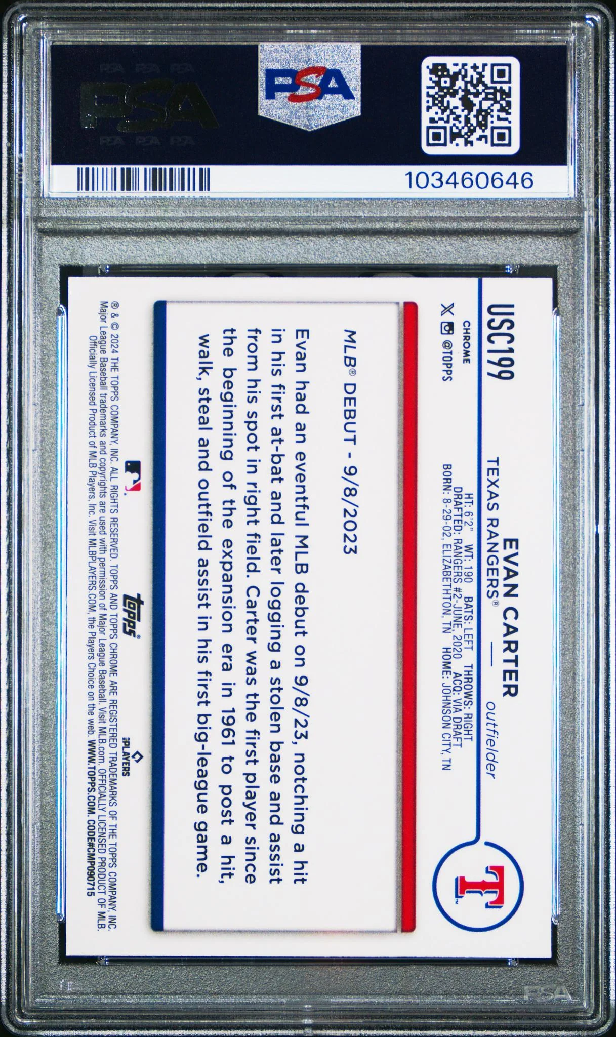 2024 Topps Chrome Update Magenta/Purple Lava Lamp Evan Carter #USC199 /299 PSA 10 - Image 2