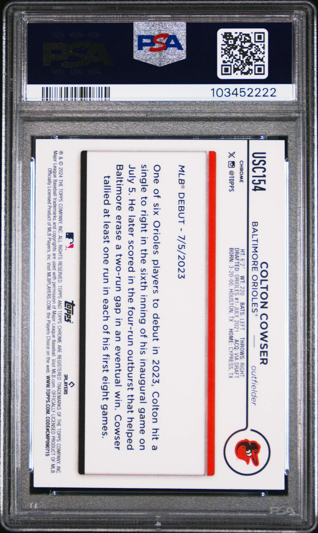 2024 Topps Chrome Update Magenta Refractor Colton Cowser #USC154 RC /399 PSA 10 - Image 2