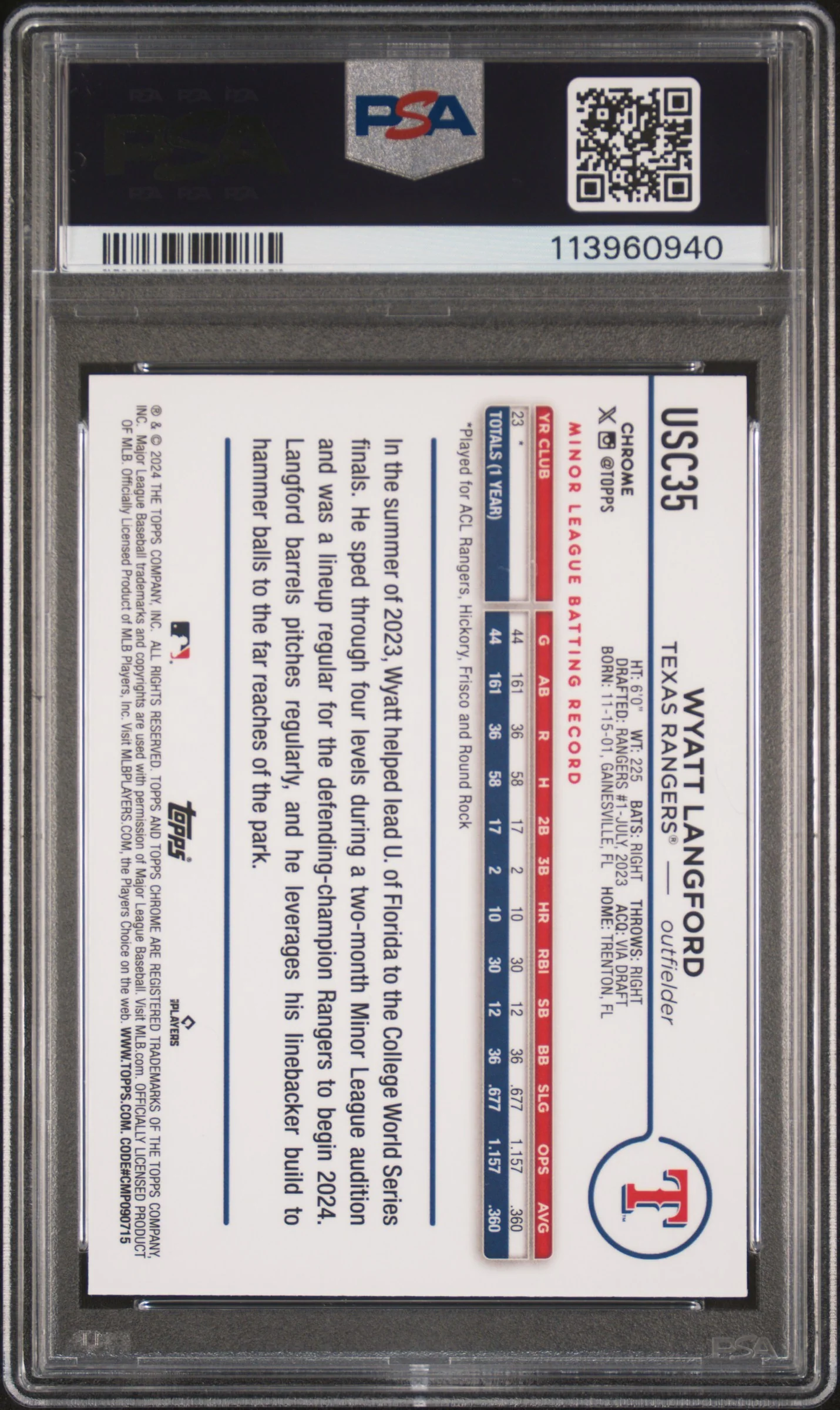 2024 Topps Chrome Update Magenta Refractor Wyatt Langford #USC35 /399 PSA 10 - Image 2