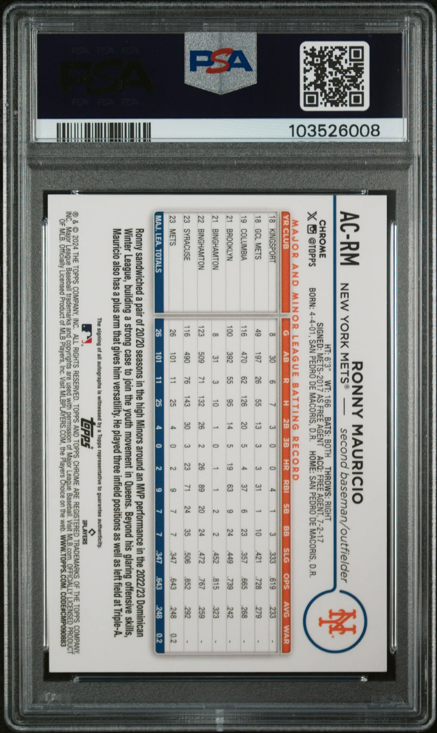 2024 Topps Chrome Update Orange Wave Ronny Mauricio #AC-RM RC Auto PSA 10 - Image 2