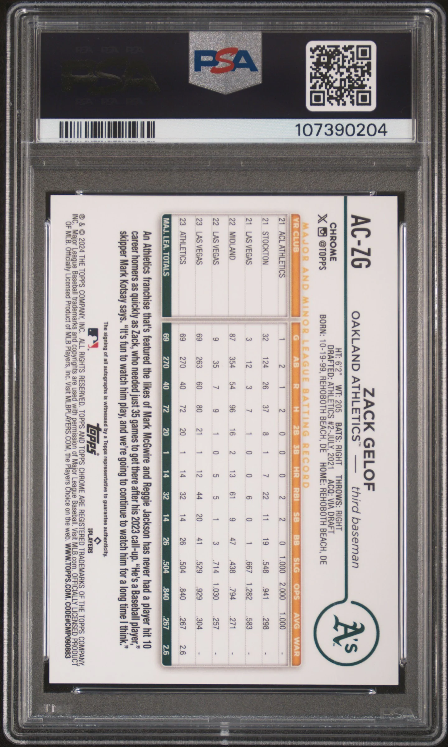 2024 Topps Chrome Update Orange Wave Zack Gelof #AC-ZG RC Auto /25 PSA 9 Auto 10 - Image 2
