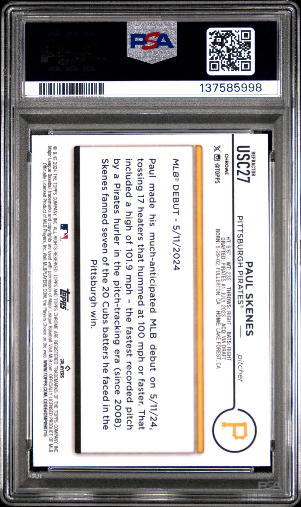 2024 Topps Chrome Update Prism Refractor Paul Skenes #USC27 PSA 10 - Image 2