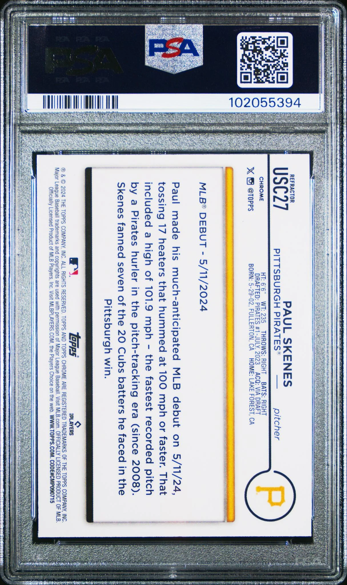 2024 Topps Chrome Update Prism Refractor Paul Skenes #USC27 PSA 9 - Image 2