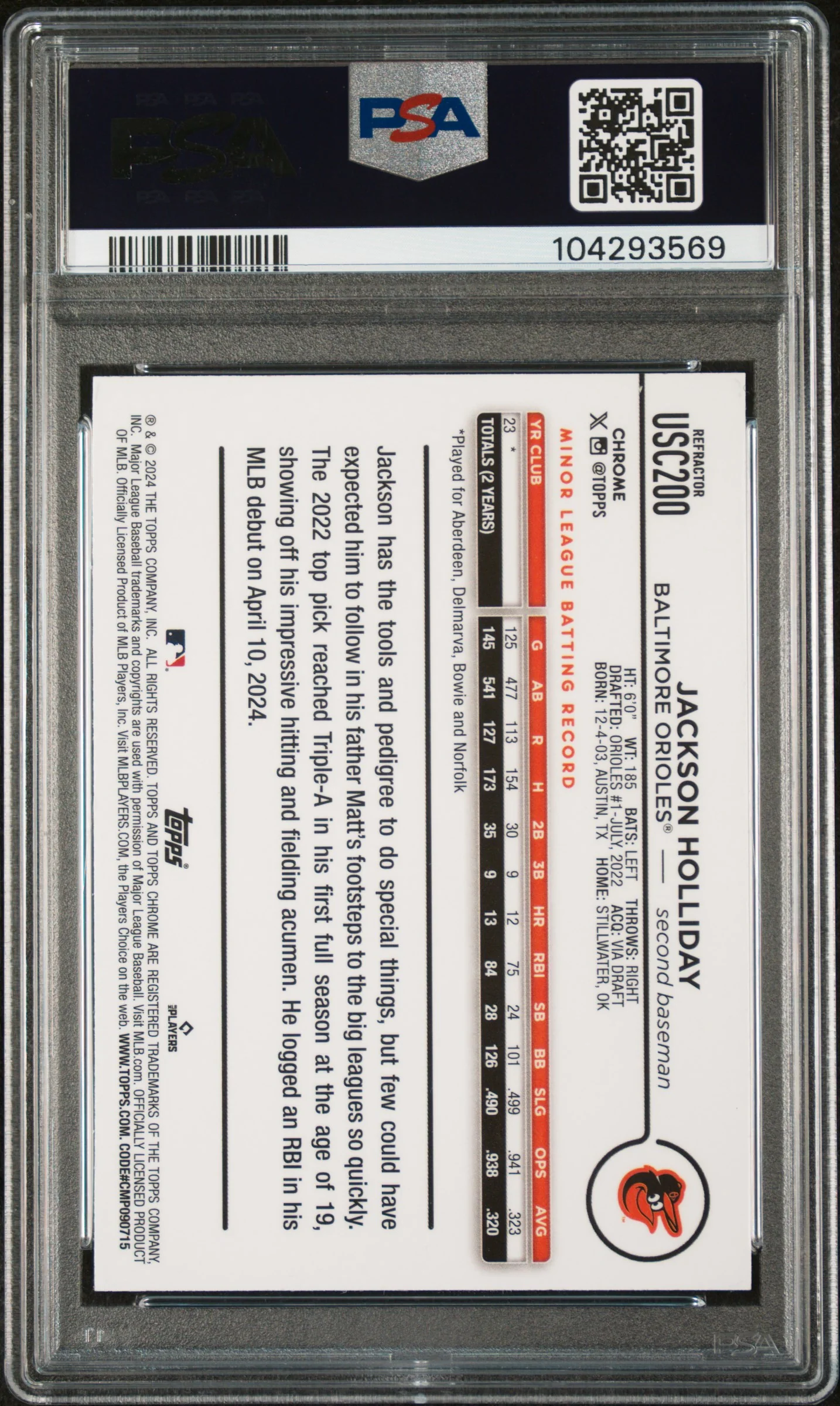 2024 Topps Chrome Update Refractor Jackson Holliday #USC200 PSA 9 - Image 2