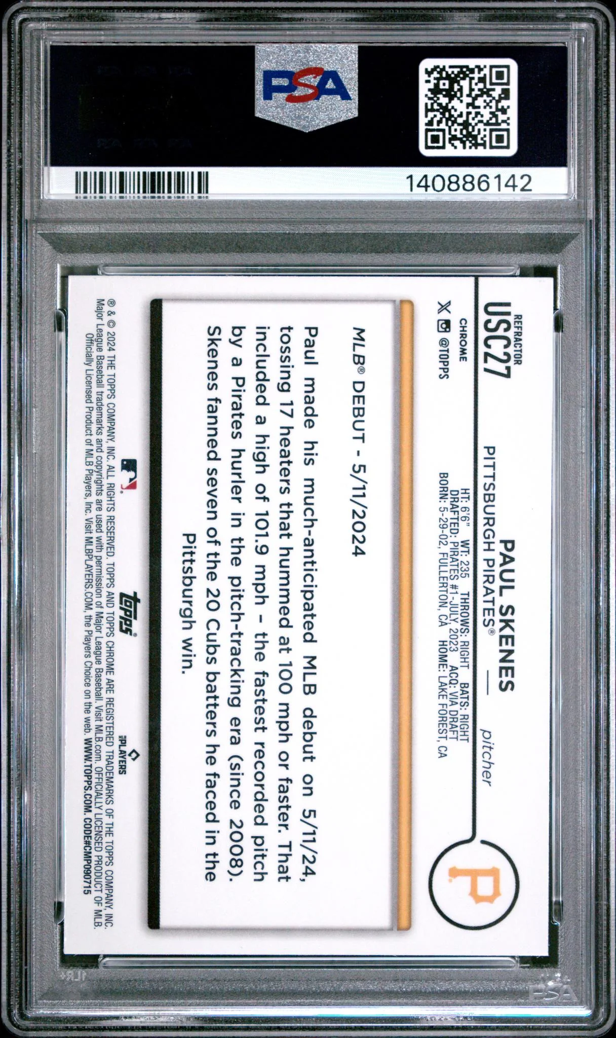 2024 Topps Chrome Update Refractor Paul Skenes #USC27 PSA 9 - Image 2