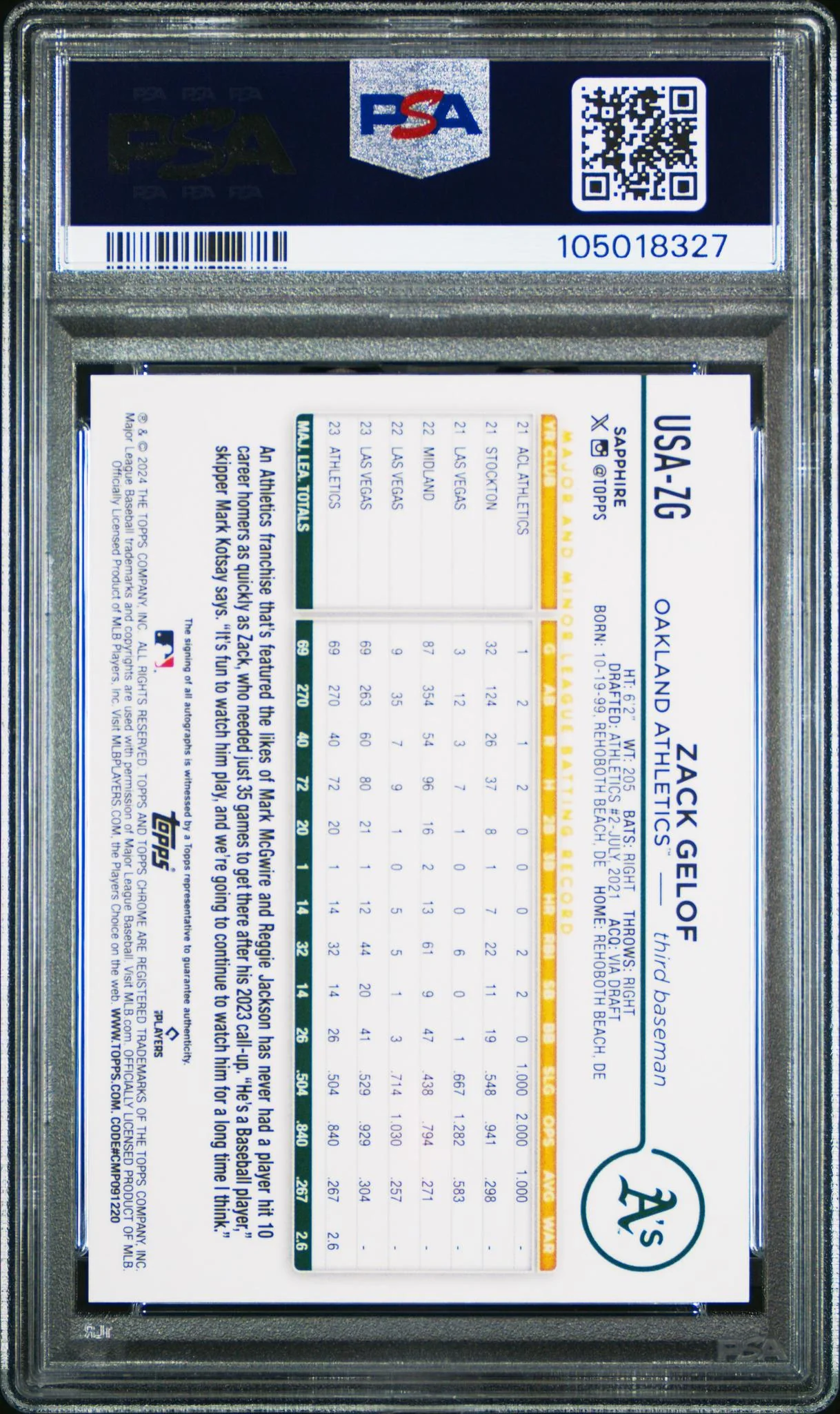 2024 Topps Chrome Update Sapphire Gold Zack Gelof #USA-ZG RC Auto /50 PSA 10 - Image 2