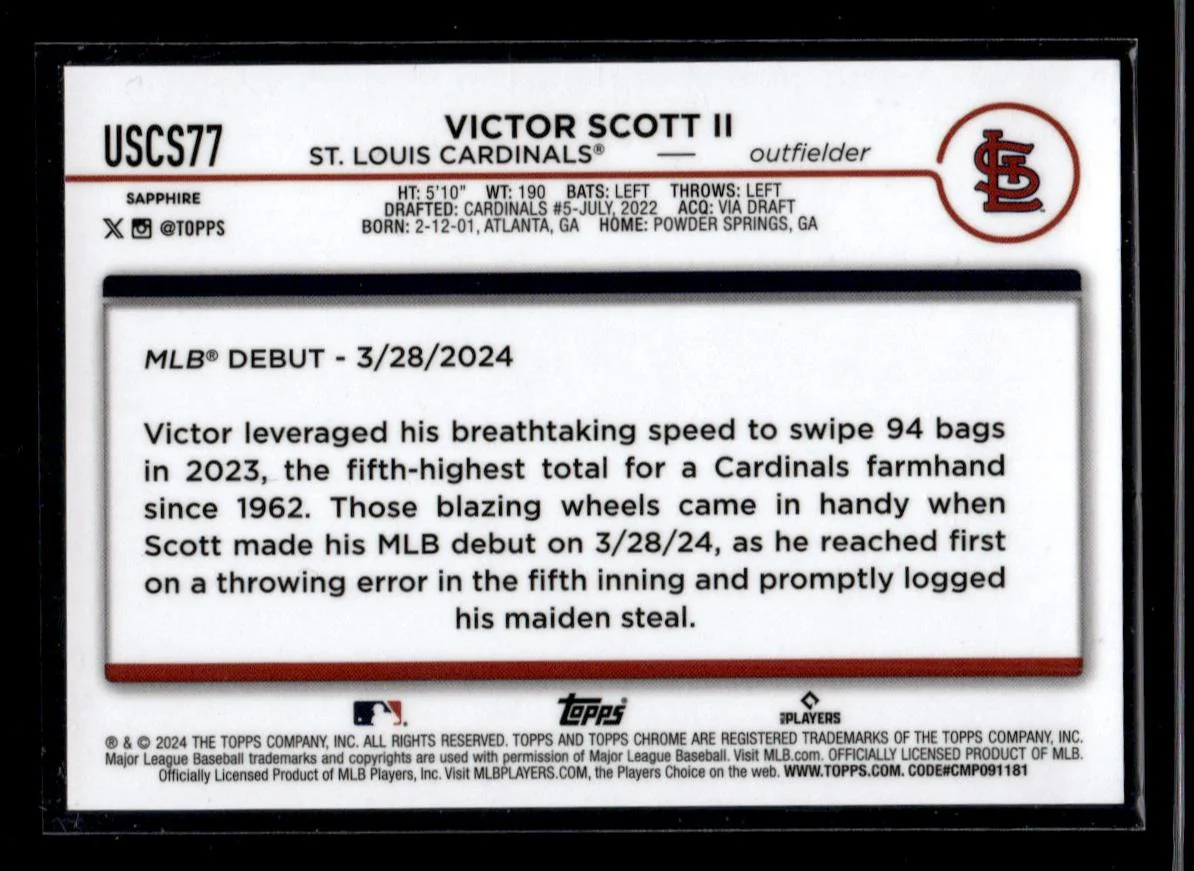 2024 Topps Chrome Update Sapphire Yellow Victor Scott II #USCS77 RC /50 - Image 2