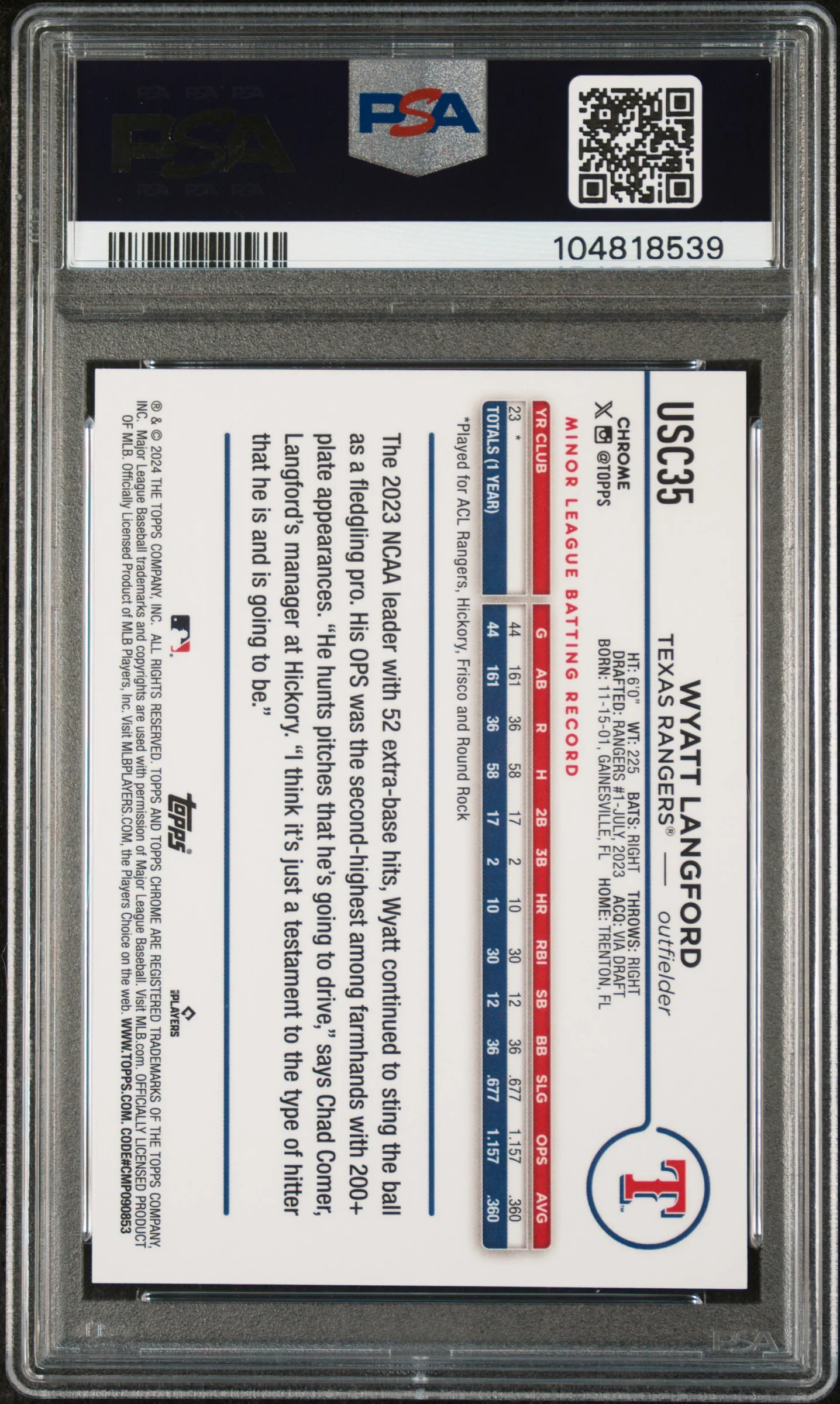 2024 Topps Chrome Update Sp-Gold Speckle Wyatt Langford #USC35 /50 PSA 9 - Image 2