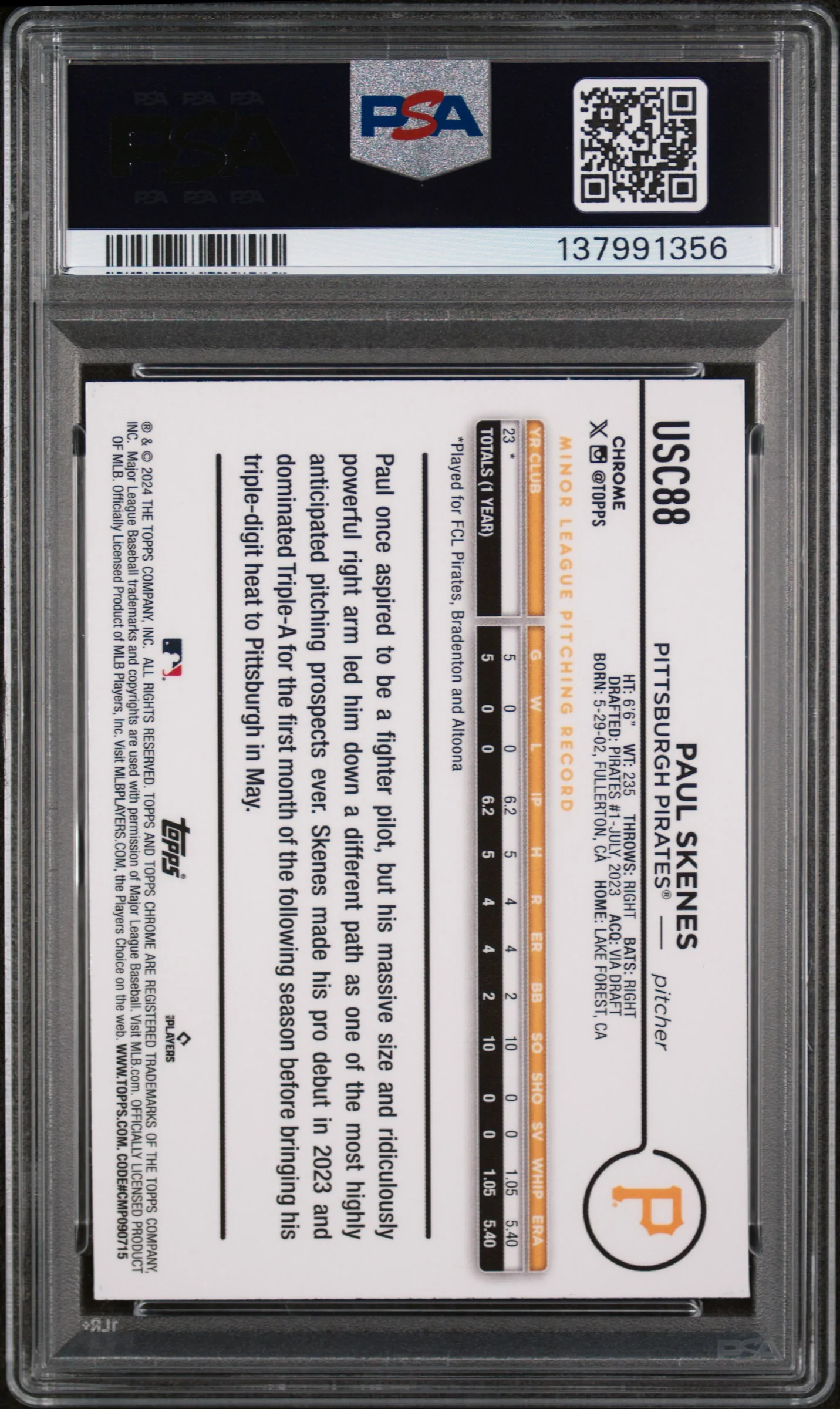 2024 Topps Chrome Update Xfractor Paul Skenes #USC88 PSA 10 - Image 2
