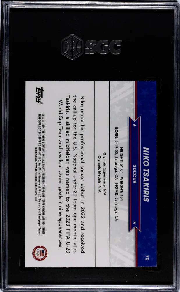 2024 Topps Chrome US Olympics Aqua Refractor Niko Tsakiris #70 /199 SGC 10 - Image 2