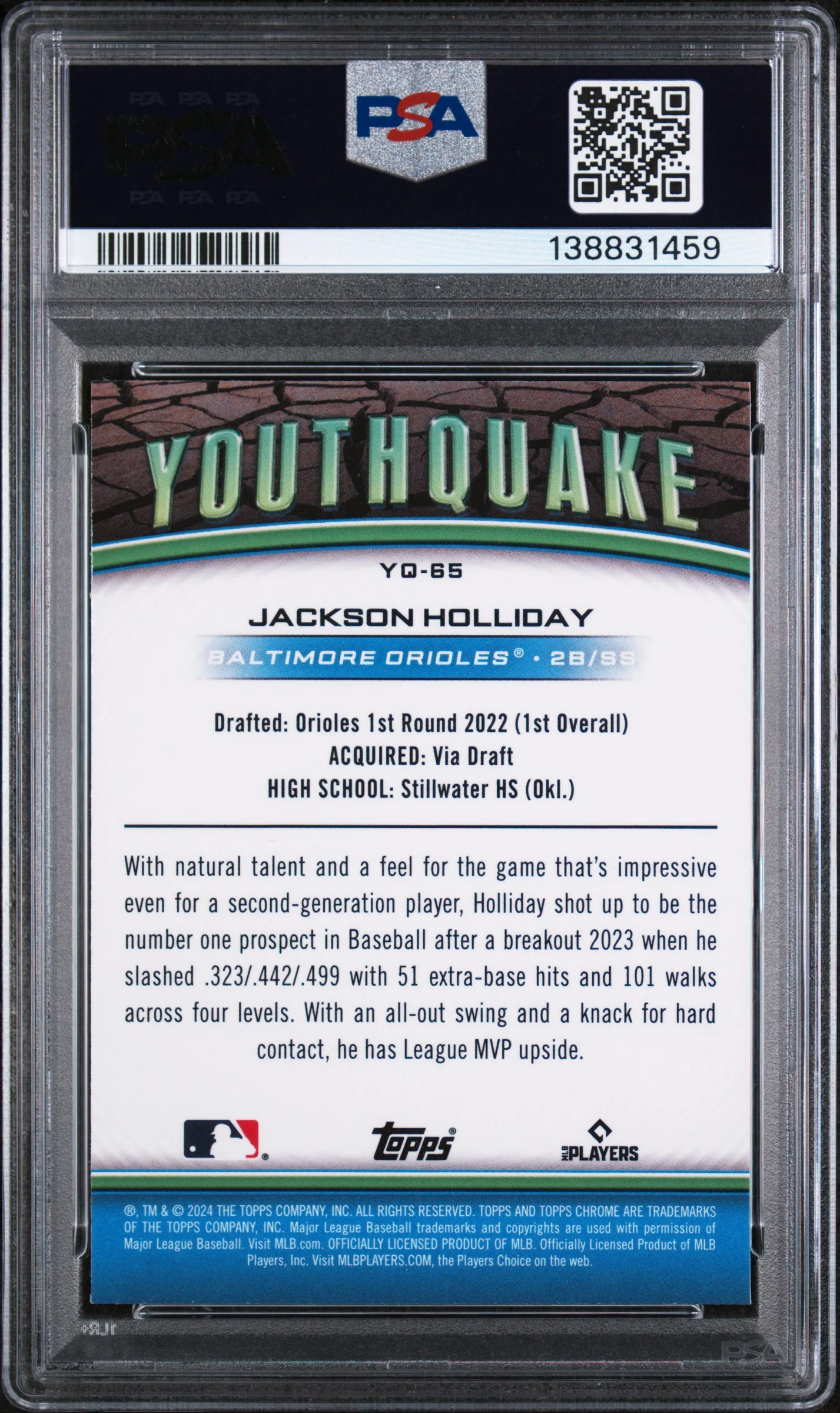 2024 Topps Chrome Youthquake Gold Refractor Jackson Holliday #YQ65 /50 PSA 9 - Image 2