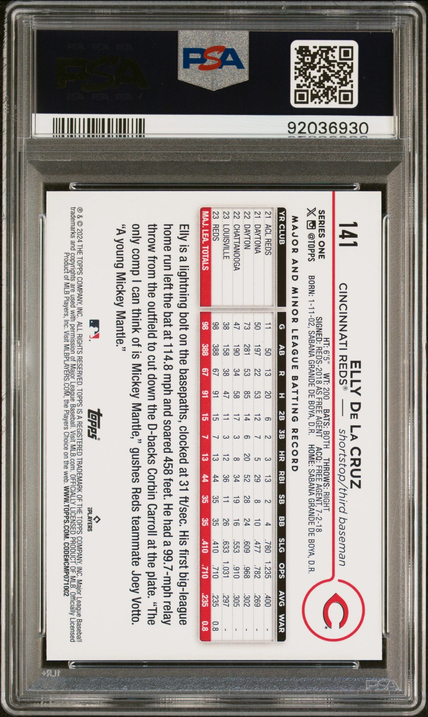 2024 Topps Elly De La Cruz #141 PSA 10 - Image 2