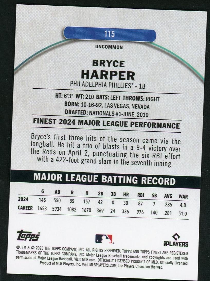2024 Topps Finest 115 Bryce Harper /25 Philadelphia Phillies - Image 2