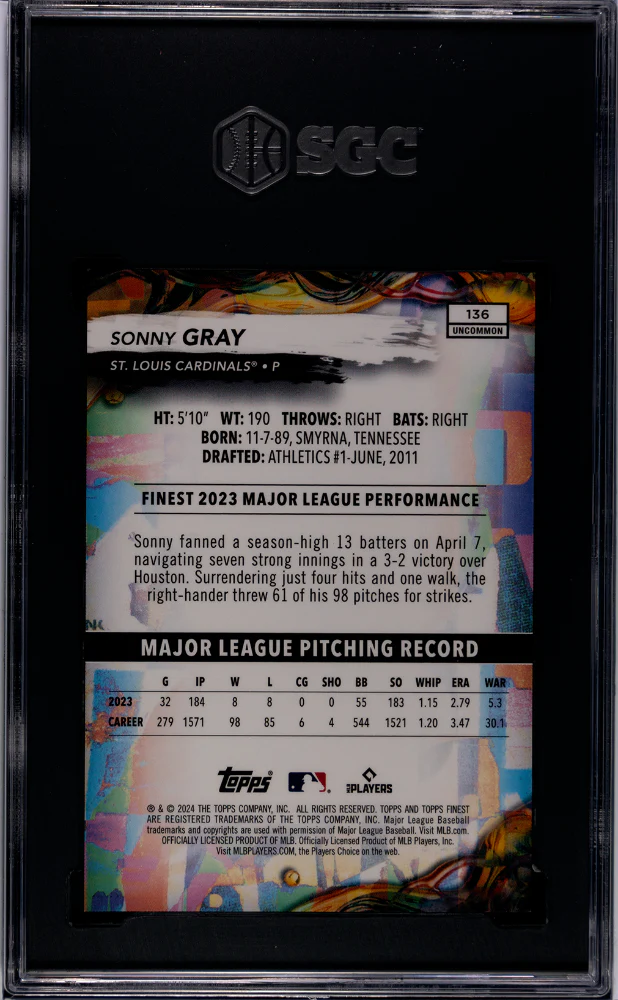 2024 Topps Finest Purple Refractor Sonny Gray #136 /200 SGC 10 - Image 2