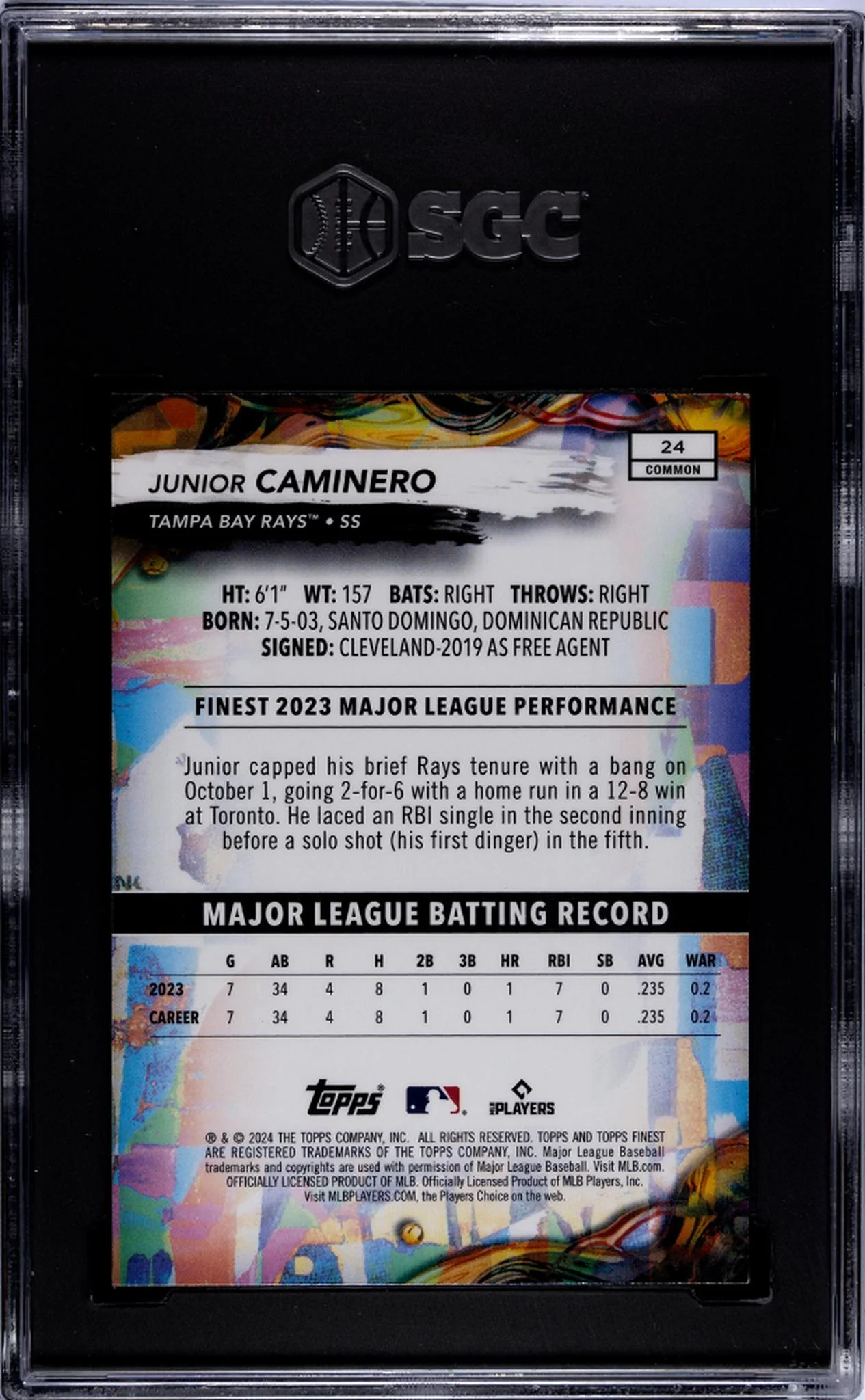 2024 Topps Finest Junior Caminero #24 RC SGC 9.5 - Image 2