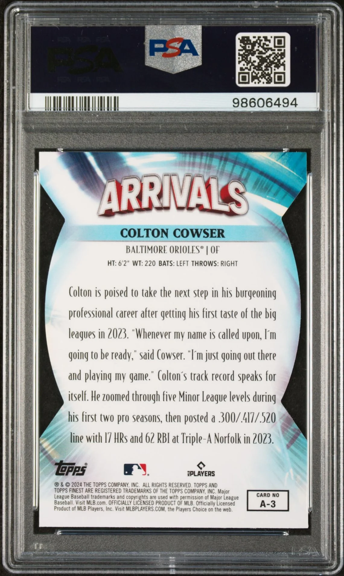 2024 Topps Finest Arrivals Colton Cowser #A3 RC PSA 10 - Image 2