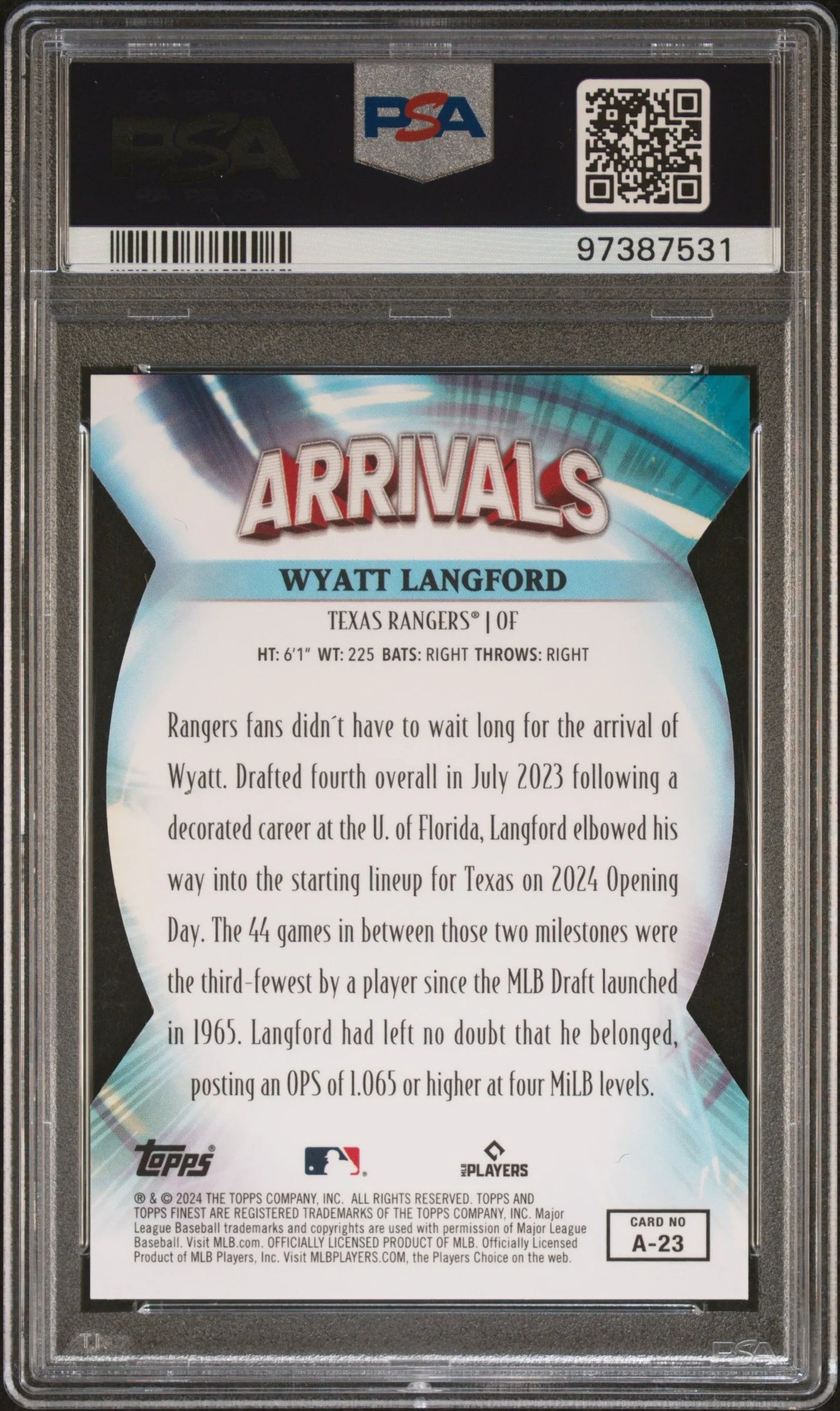 2024 Topps Finest Green Refractor Wyatt Langford #A23 RC /75 PSA 10 - Image 2
