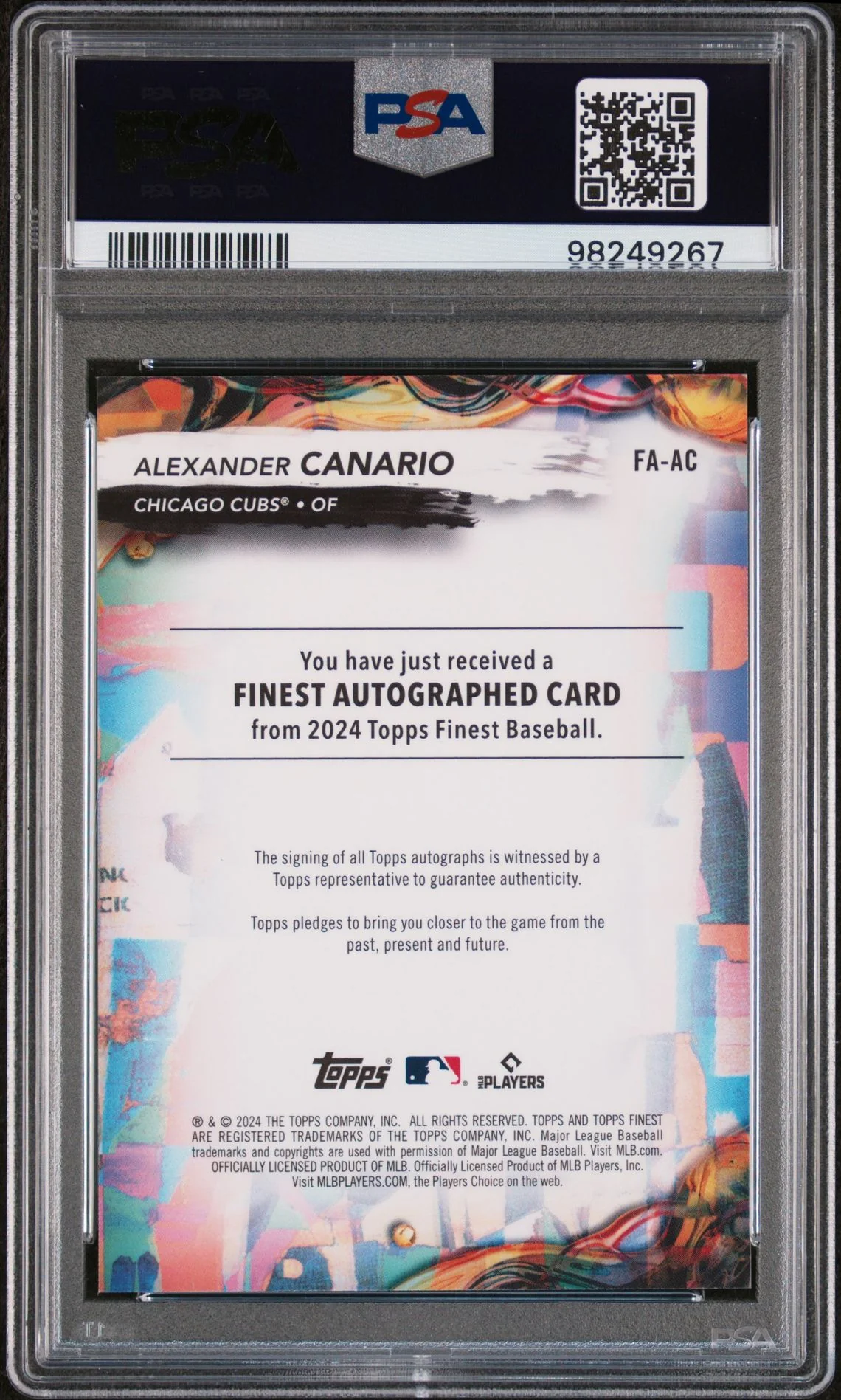 2024 Topps Finest Autographs Alexander Canario #FA-AC RC Auto PSA 10 - Image 2