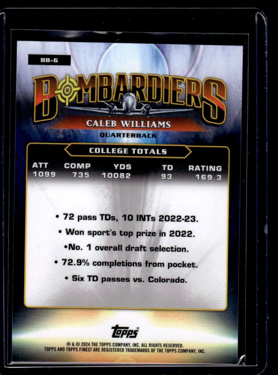 2024 Topps Finest BB-6 Caleb Williams Bombardiers Rookie - Image 2
