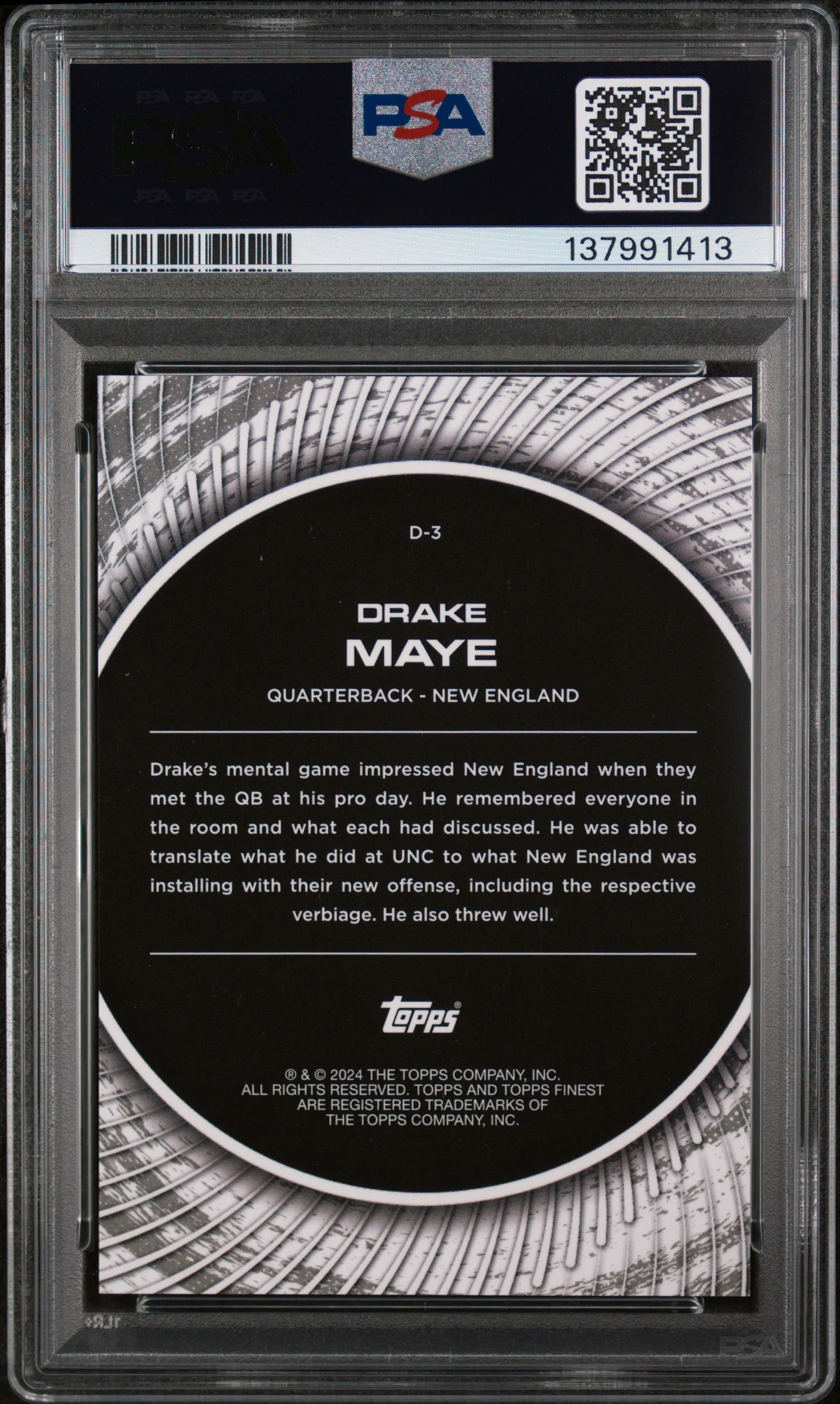 2024 Topps Finest Debut Gold Refractor Drake Maye #D3 /50 PSA 10 - Image 2