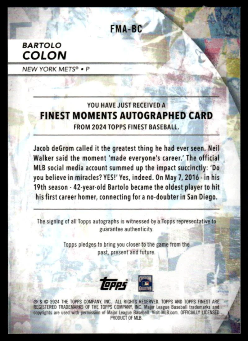 2024 Topps Finest FMA-BC Bartolo Colon Finest Moments Autographed Card /25 VG New York Mets - Image 2