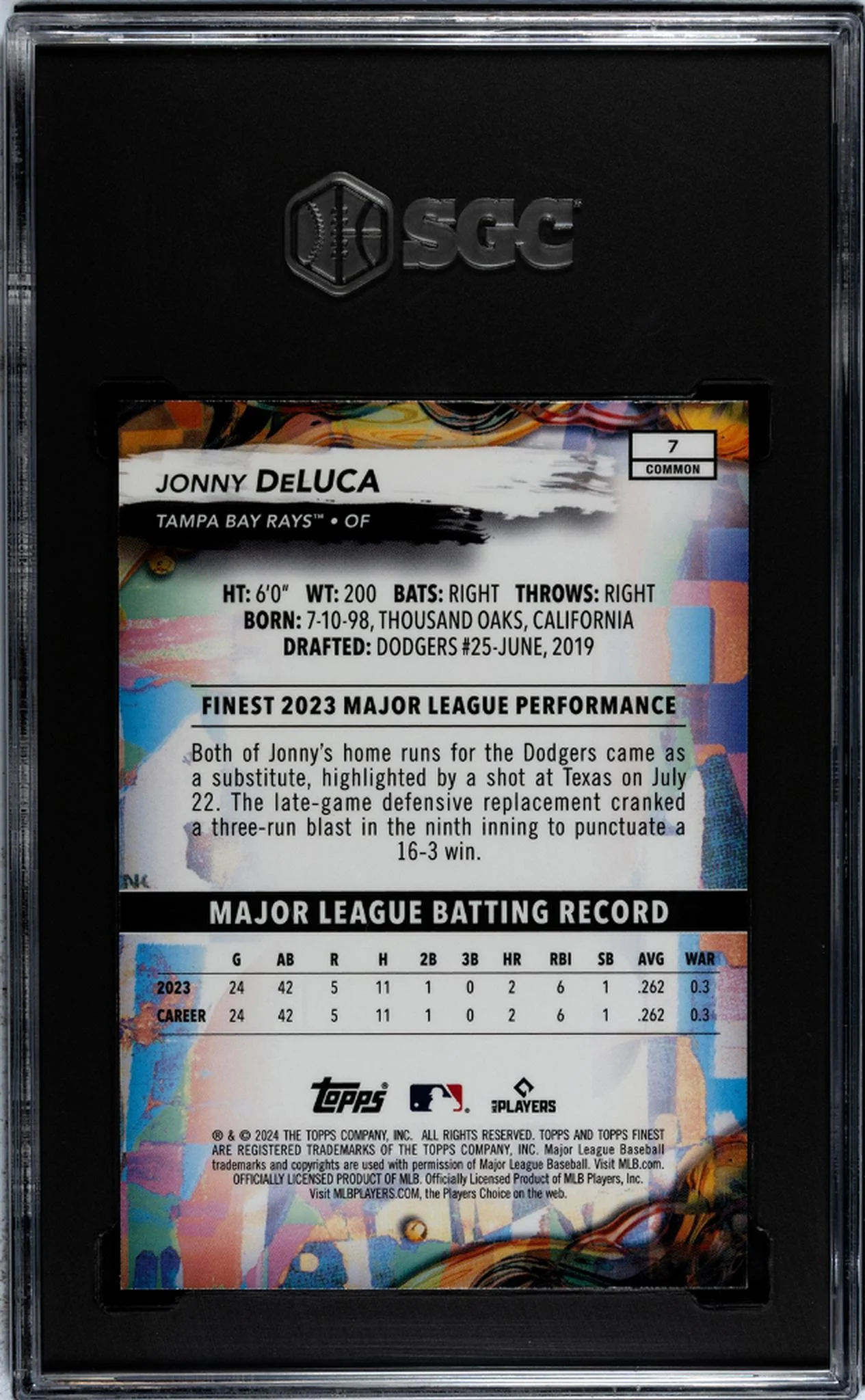 2024 Topps Finest Jonny DeLuca #7 RC SGC 10 - Image 2