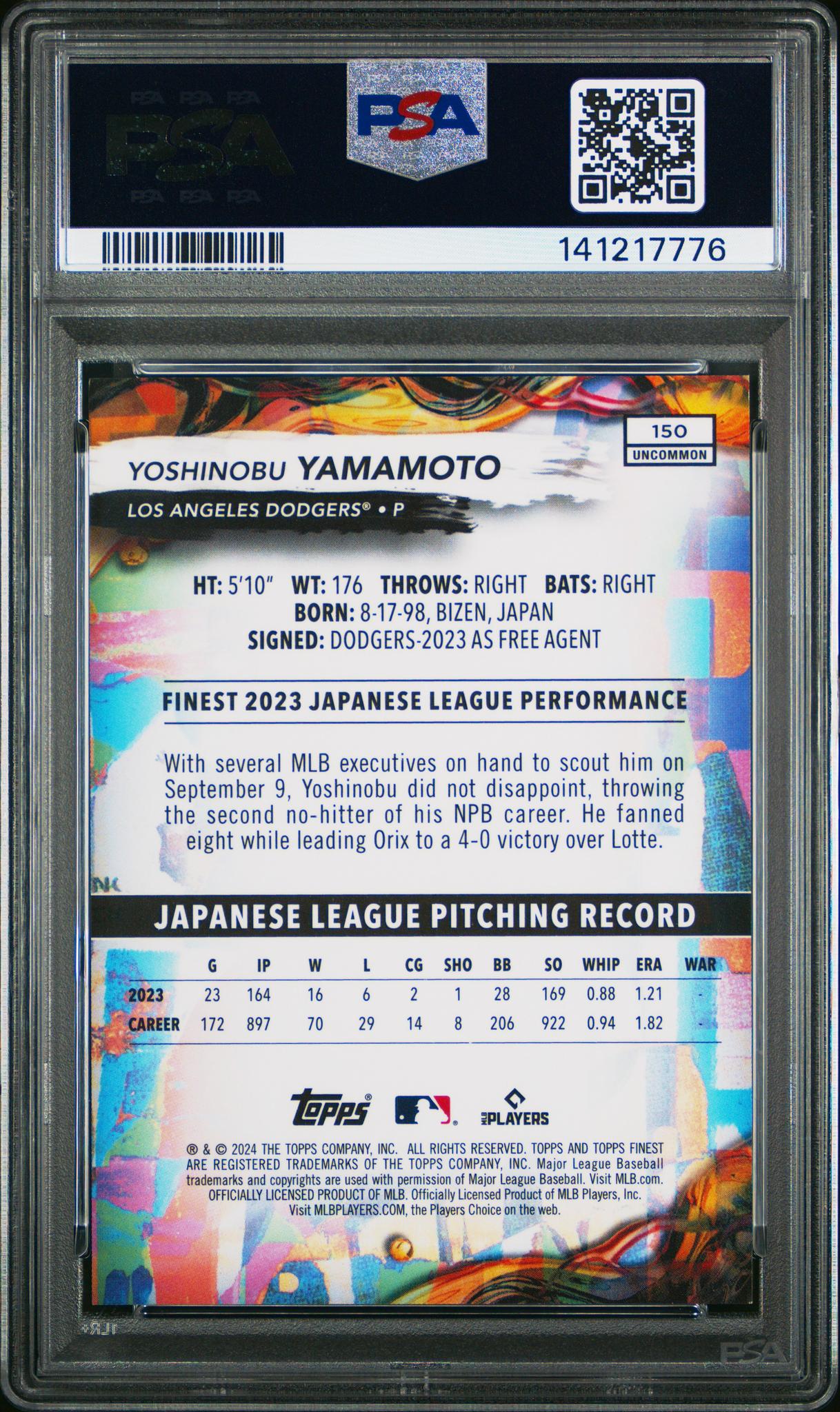 2024 Topps Finest Sky Blue Refractor Yoshinobu Yamamoto #150 /250 PSA 9 - Image 2