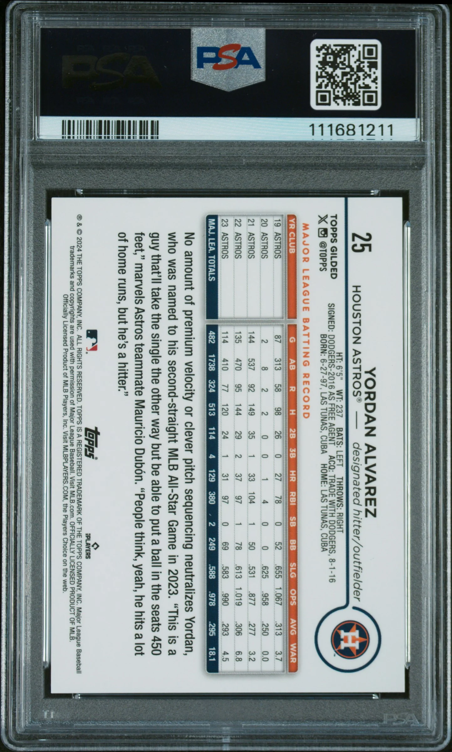 2024 Topps Gilded Collection Gold Raywave Yordan Alvarez #25 /25 PSA 8 - Image 2