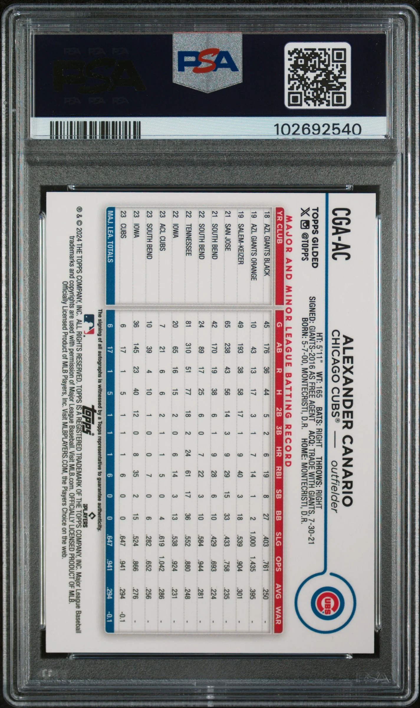 2024 Topps Gilded Chrome Gold Alexander Canario #CGAAC RC Auto /39 PSA 9 - Image 2