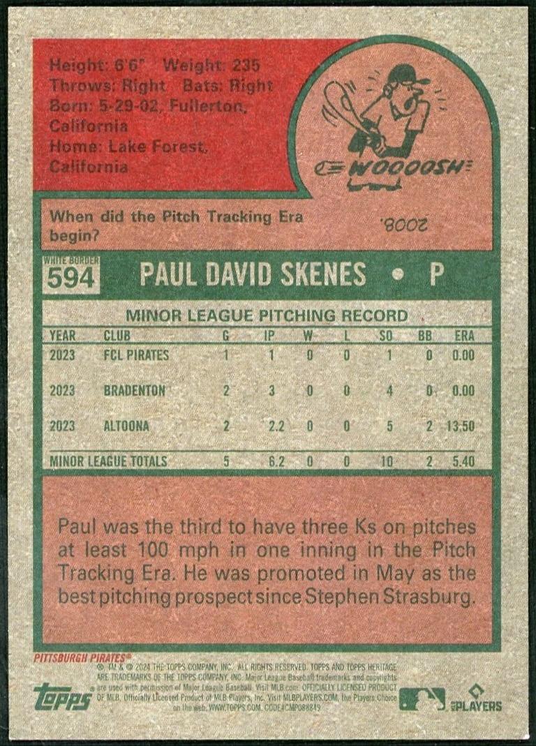 2024 Topps Heritage 594 Paul Skenes Black Border SSP /50 - Image 2