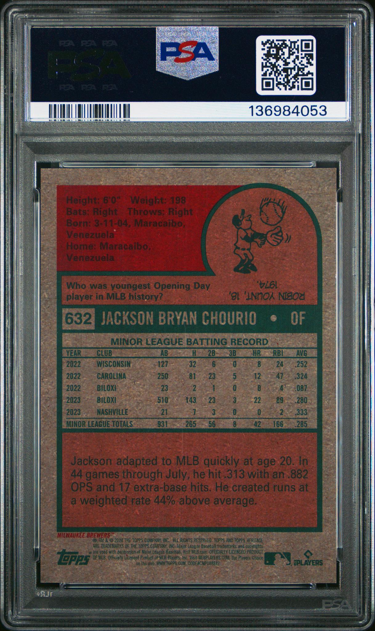 2024 Topps Heritage Chrome Jackson Chourio #632 /399 PSA 9 - Image 2
