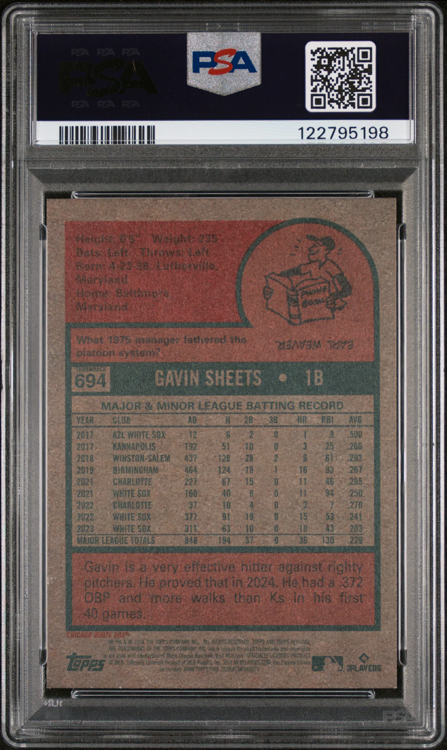 2024 Topps Heritage Throwback Uniform Gavin Sheets #694 PSA 9 - Image 2