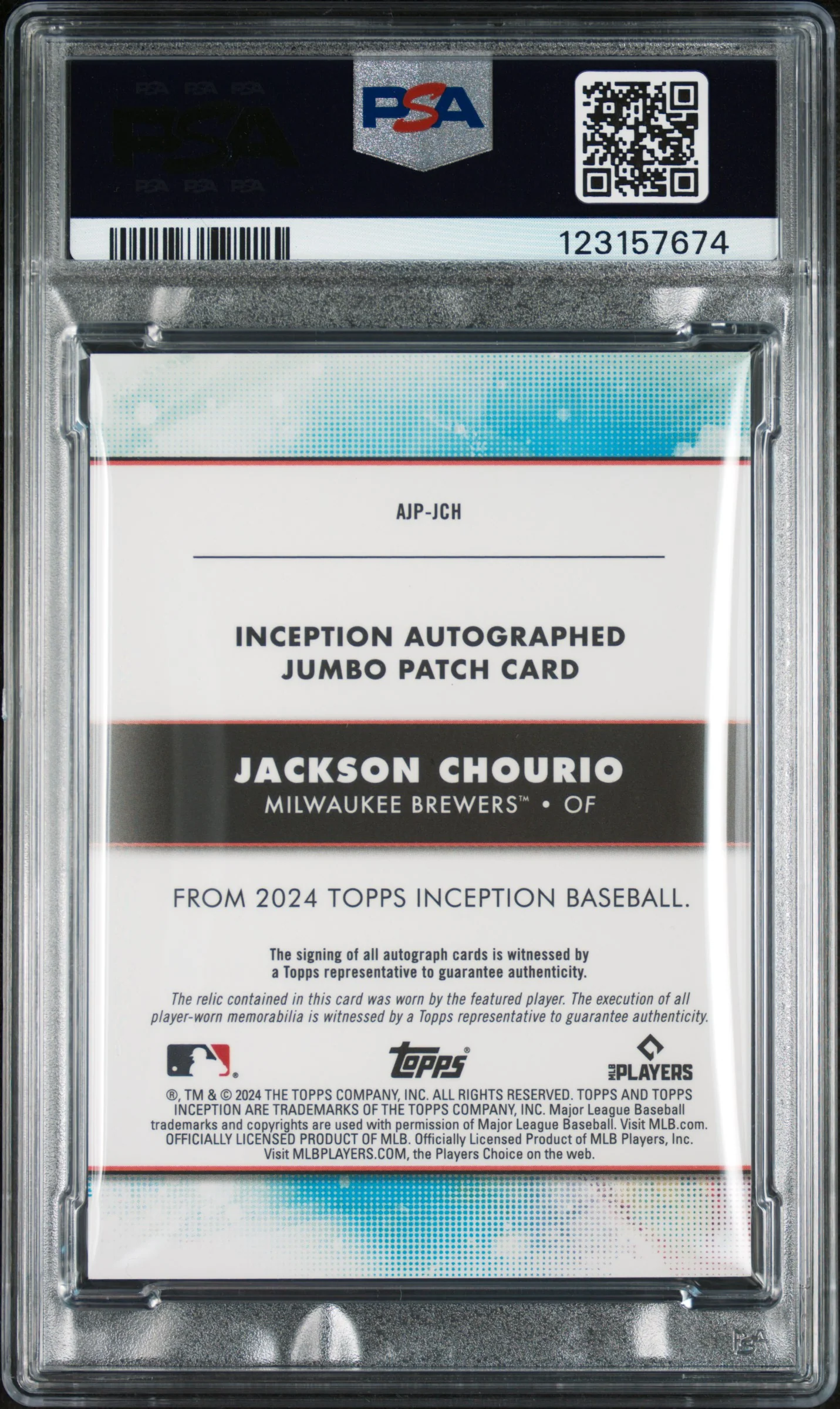 2024 Topps Inception Autographed Jumbo Patch Red Jackson Chourio #AJPJCH /25 PSA 10 - Image 2