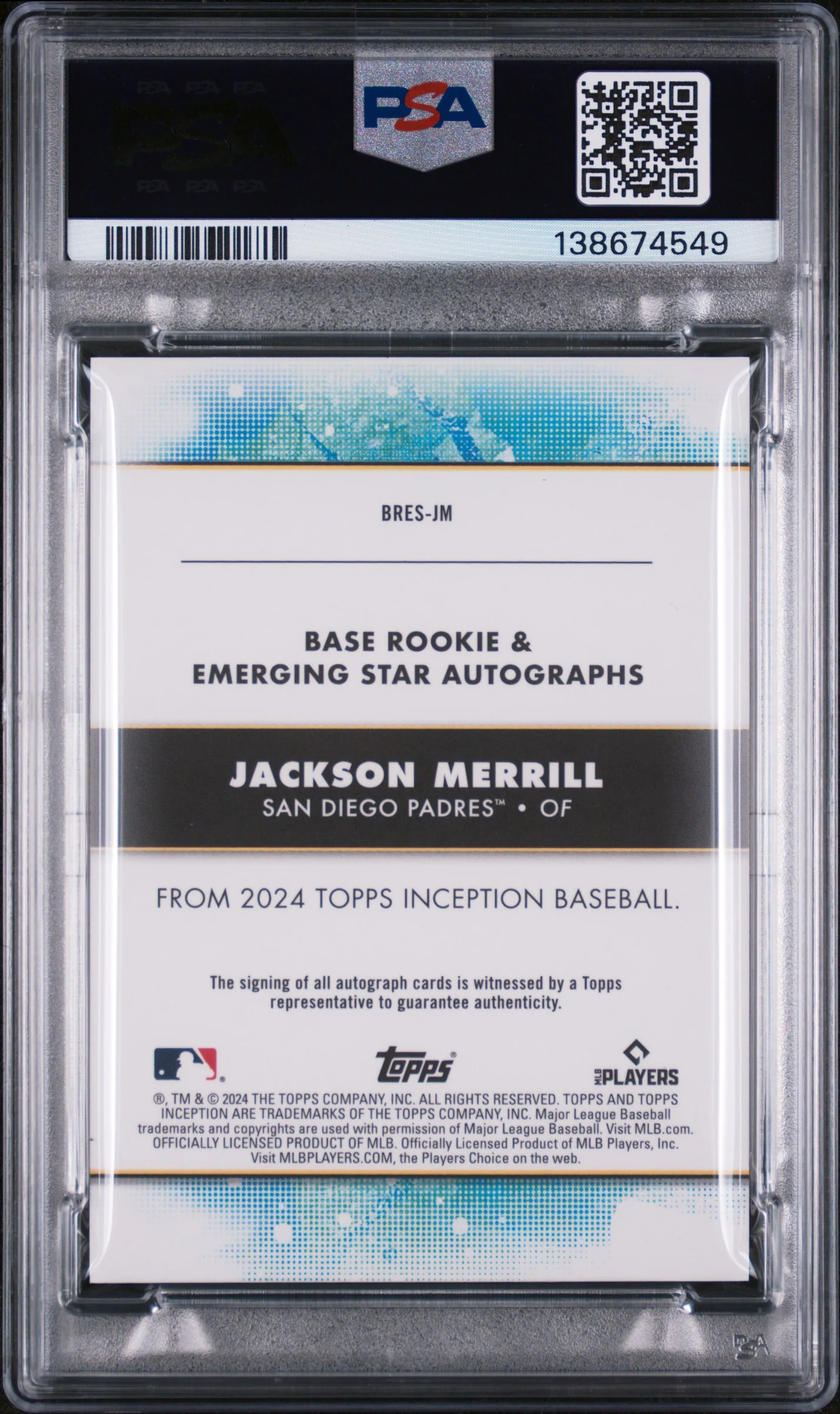 2024 Topps Inception Base Rookie and Emerging Star Autographs Jackson Merrill #BRESJM /399 PSA 9 - Image 2