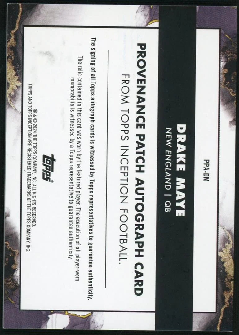 2024 Topps Inception Provenance Drake Maye #PPA-DM RC Patch Auto /125 - Image 2