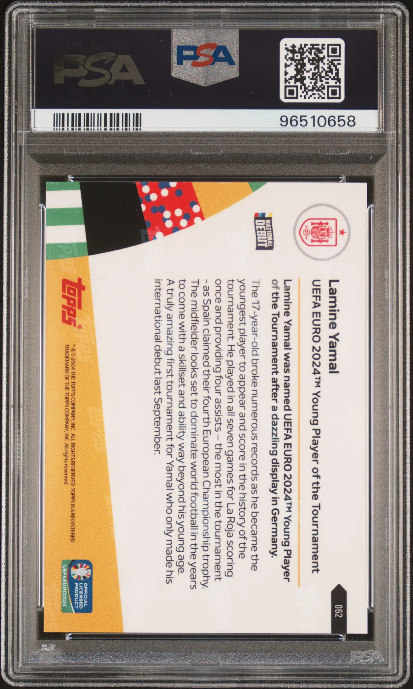 2024 Topps Now UEFA Euro Lamine Yamal #62 /15829 PSA 10 - Image 2