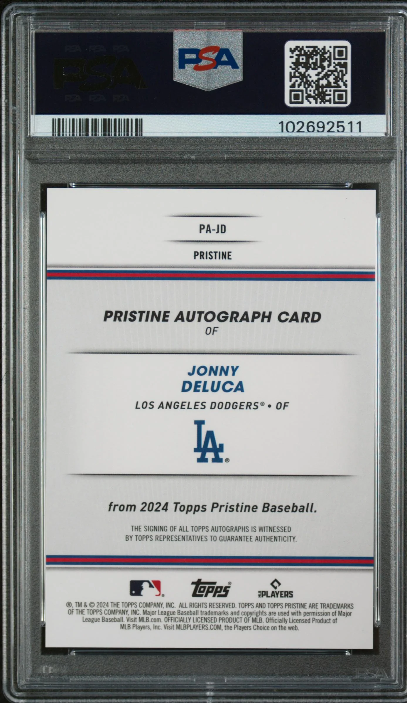 2024 Topps Pristine Orange Jonny Deluca #PAJD RC Auto /25 PSA 10 - Image 2