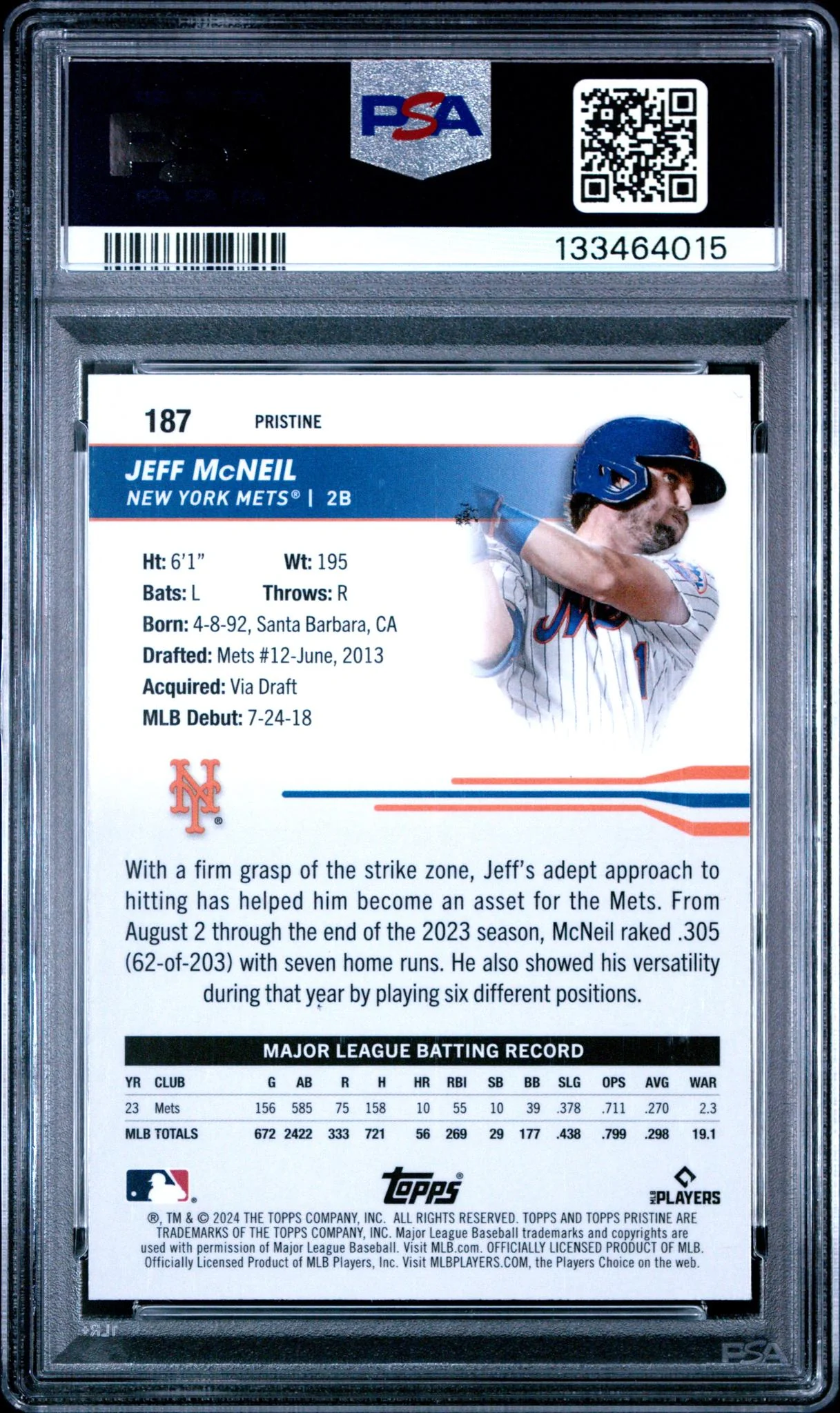 2024 Topps Pristine Pristine Gold Jeff Mcneil #187 /50 PSA 10 - Image 2