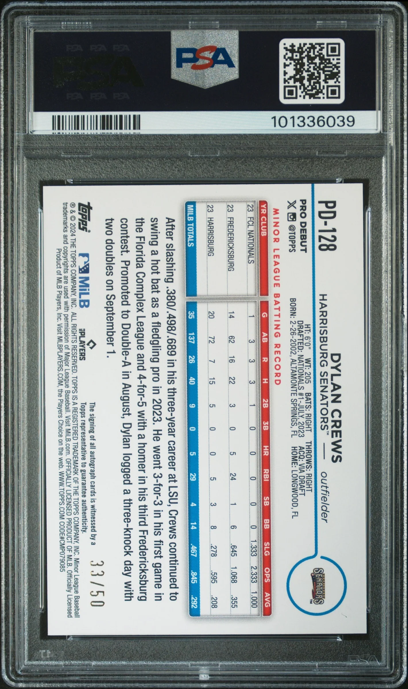 2024 Topps Pro Debut Gold Foil Dylan Crews #PD128 Auto /150 PSA 10 - Image 2
