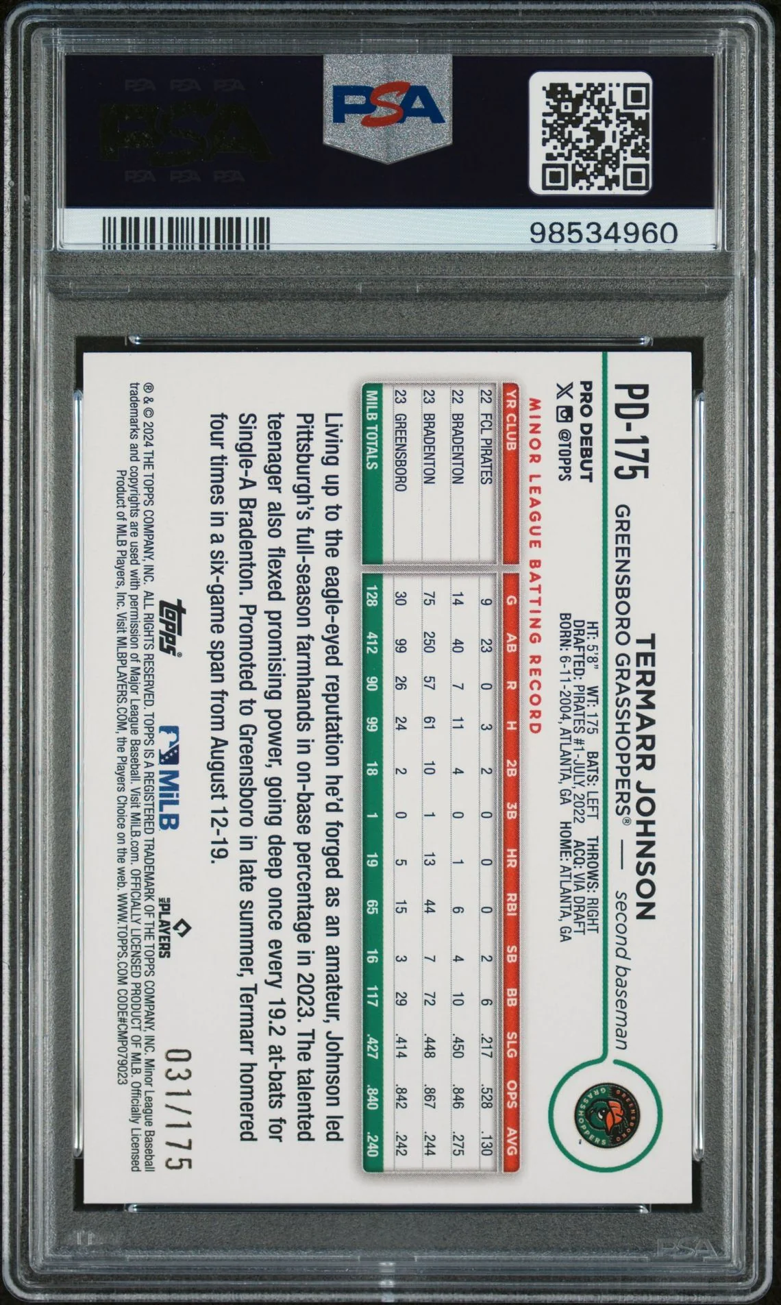 2024 Topps Pro Debut Sparkle Foil Termarr Johnson #PD175 /175 PSA 10 - Image 2