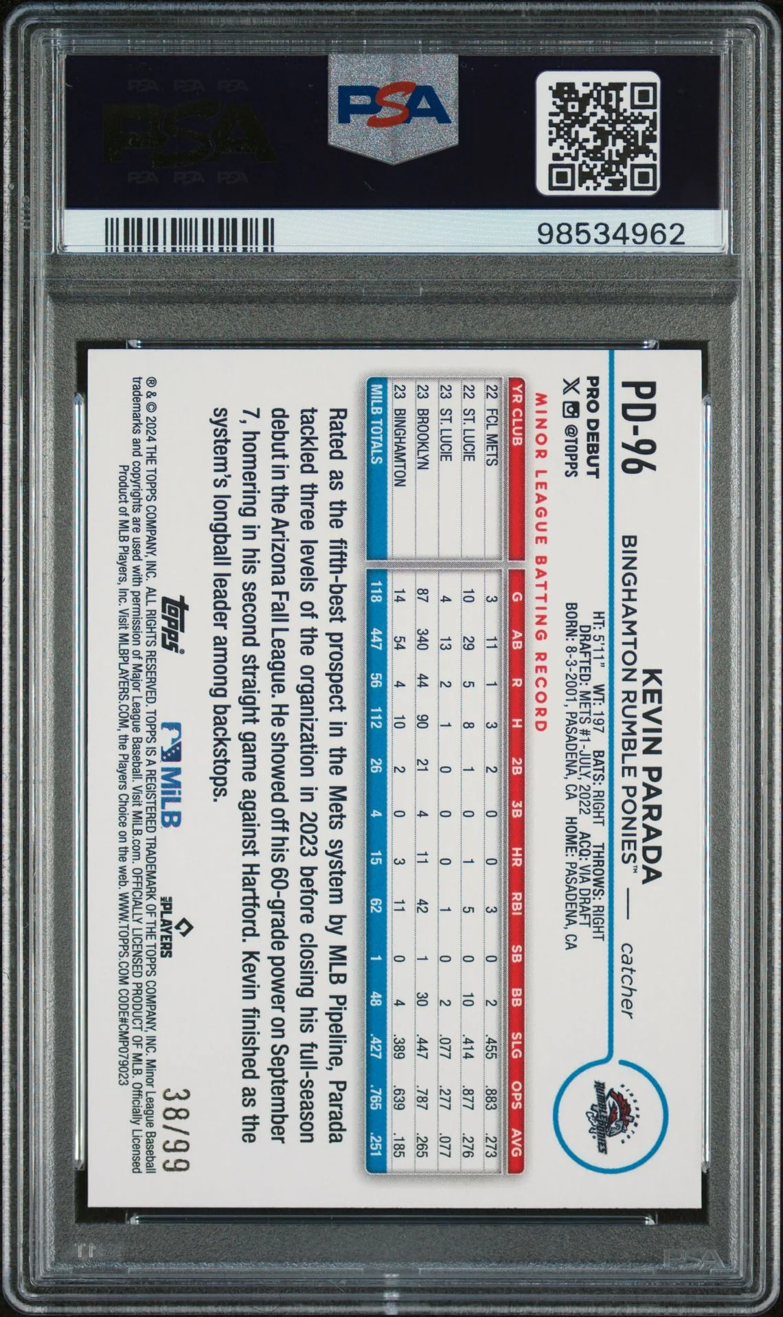2024 Topps Pro Debut Green Foil Kevin Parada #PD-96 /99 PSA 10 - Image 2