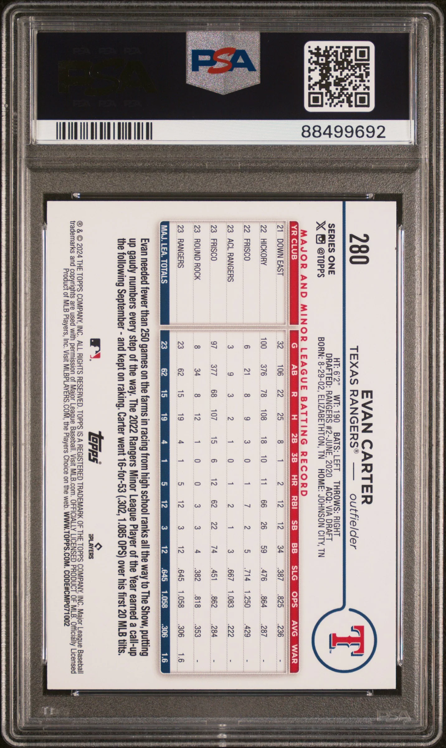2024 Topps Rainbow Foil Evan Carter #280 Rookie RC PSA 9 - Image 2