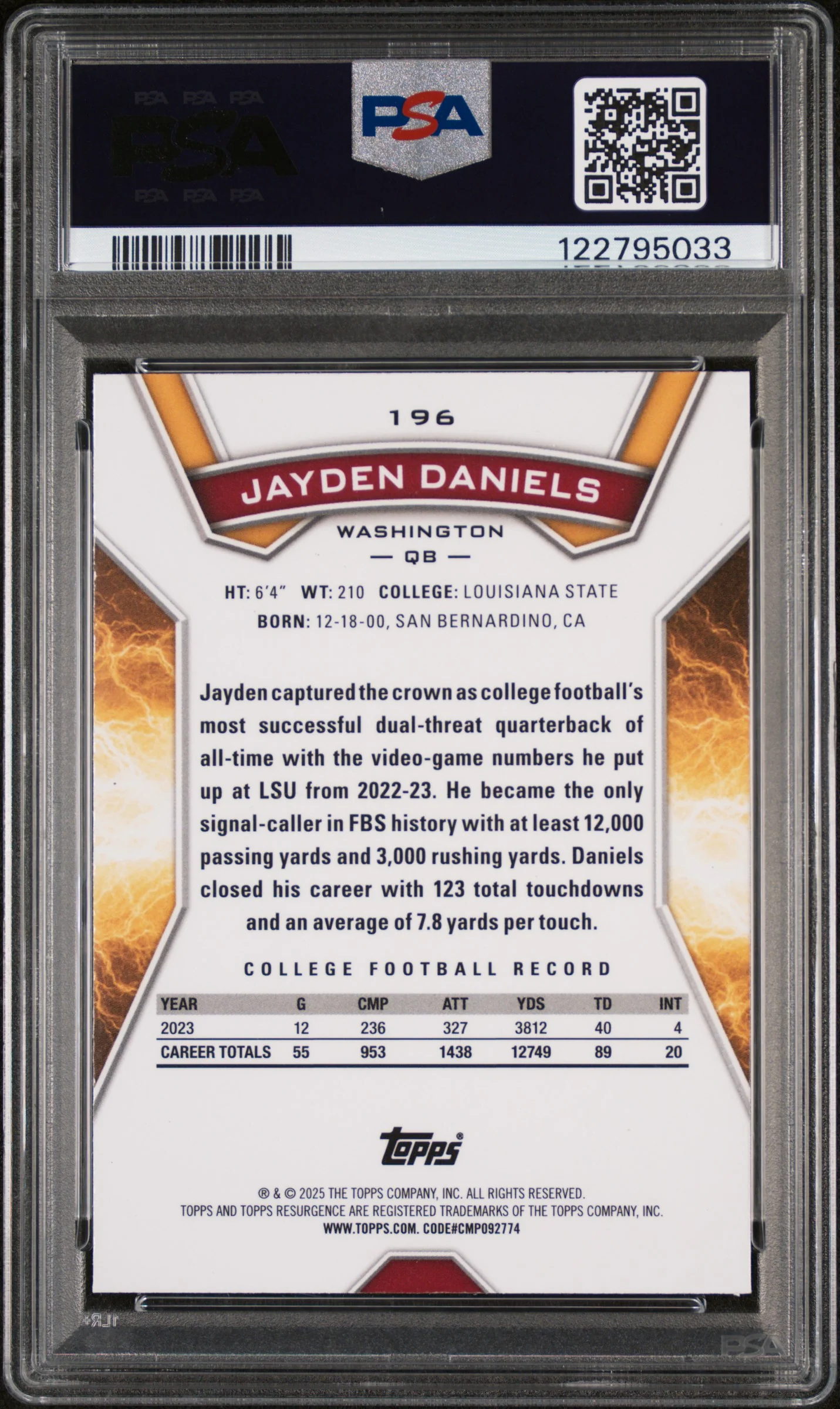 2024 Topps Resurgence Prism Refractor Jayden Daniels #196 RC PSA 9 - Image 2